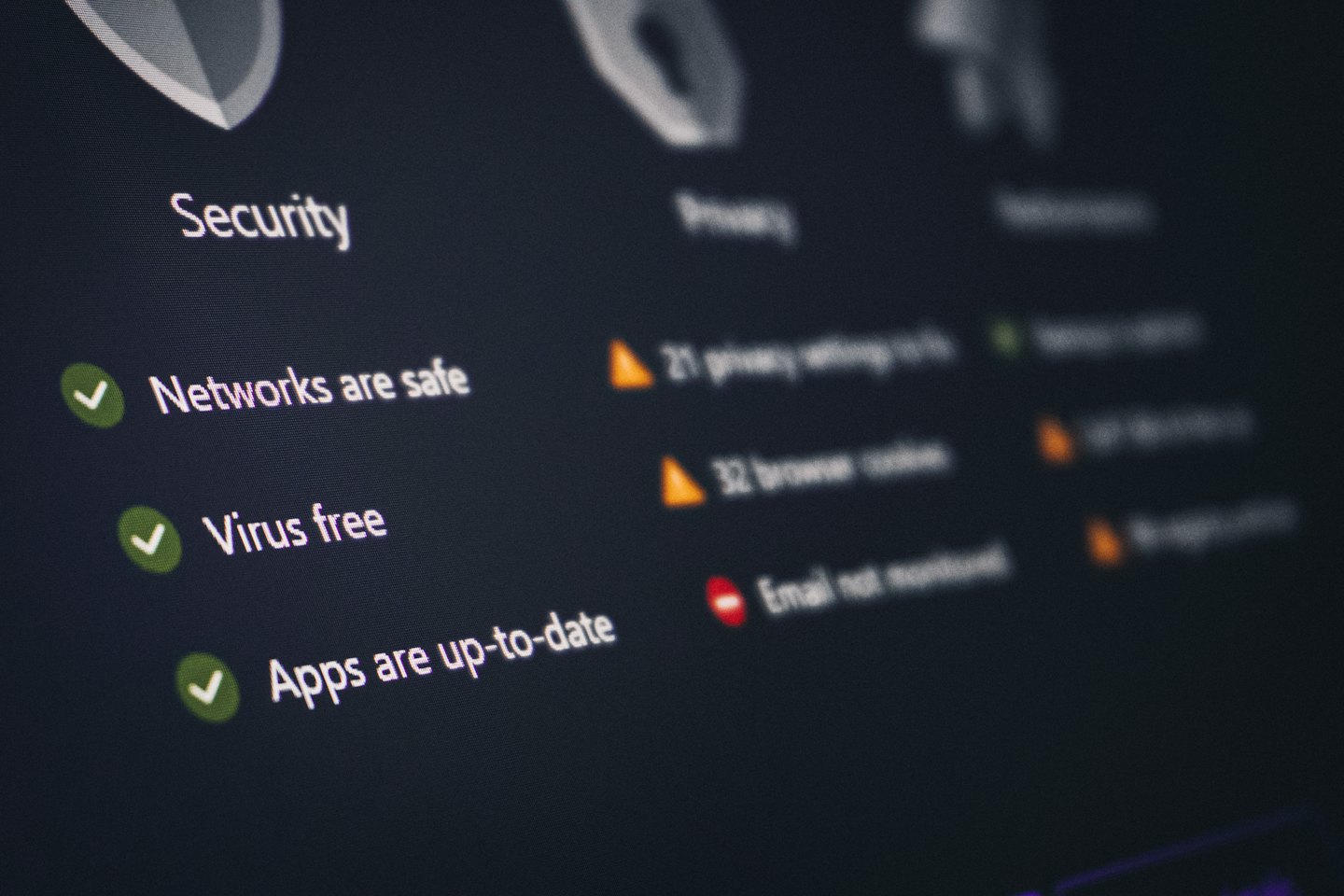 Computer screen displaying a cybersecurity and privacy status dashboard.