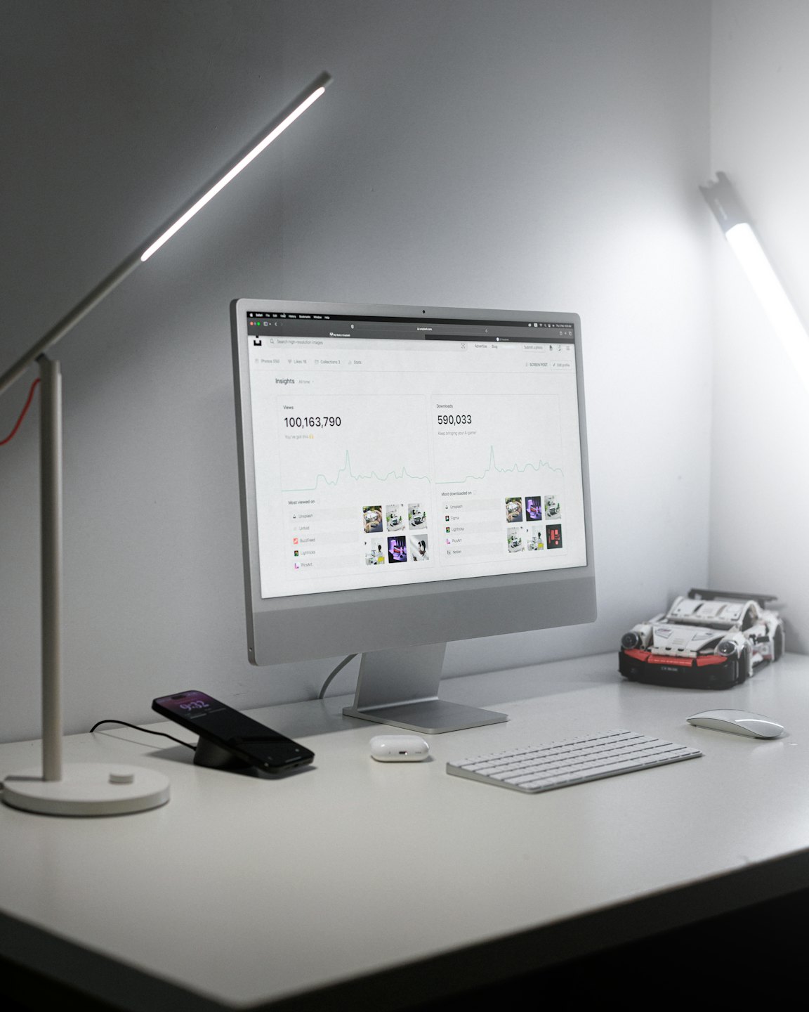 Desktop computer with data analytics dashboard on a modern office desk.